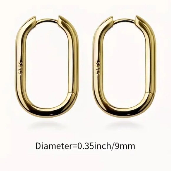 S925 Solid Sterling Silver Oval Classic Hoop Earrings - Picture 3 of 3
